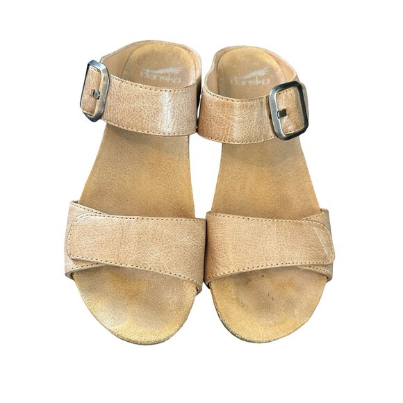 Dansko Tanya Sandals Women 38 Size 7.5 8 Shoes Tan Leather Wedge Heel Slip On - Picture 2 of 5